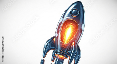 Metallic rocket ship silhouette with fiery engine launching upward on transparent background