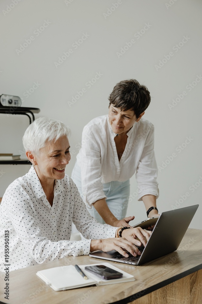 Fototapeta premium Two mature women working together on laptop at wooden desk