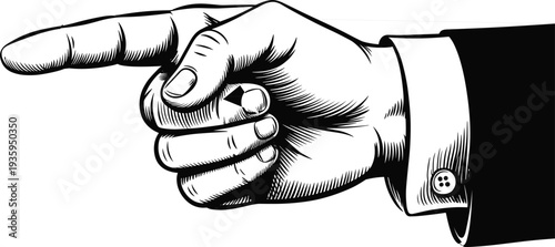 Black and white illustration of a hand in a suit jacket pointing to the left with a buttoned cuff