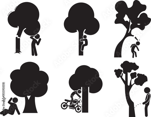 Tree-Related Silhouettes: A collection of simple black silhouettes depicts various interactions with trees, from climbing and chopping to accidents and peeing. 