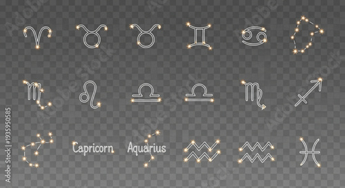 Collection of Zodiac Constellation Symbols and Names on Transparent Background.