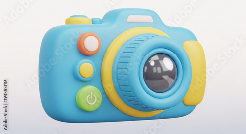 Blue children's toy camera with colorful buttons and yellow accents silhouette on transparent background