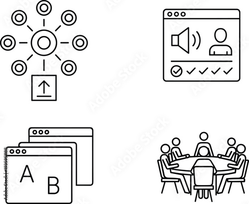 Online Meeting and Communication Icon Set Featuring Business Conference Table, Video Call Interface, Digital Content Upload, and Web Browser A B Testing