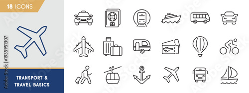 Transport & Travel Basics Icons Set – Plane, Train, Bus, Car & Luggage Outline Icons