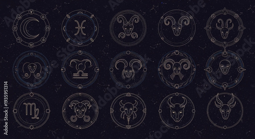 Collection of Zodiac Constellation Symbols in Circular Frames.