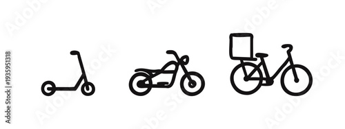 Scooter, Motorbike, and Delivery Bicycle Icons. Urban Transportation Doodle Set.