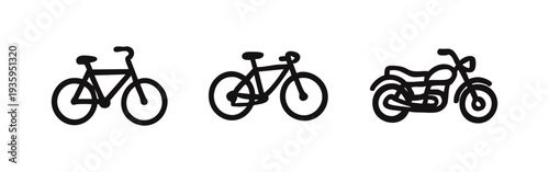 Bicycle and Motorcycle Icons. Transportation Doodle Set with Classic and Modern Bikes.