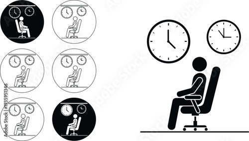 Professional Stick Figure Sitting in Office Chair Below Wall Clocks, Representing Productivity, Time Management, Workspace Efficiency, Global Business, and Punctuality.