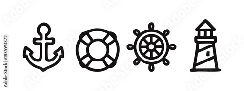 Nautical Elements Icons. Anchor, Lifebuoy, Ship's Wheel, and Lighthouse Set.