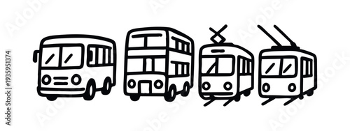 City Bus, Double-Decker Bus, Tram, and Trolleybus Icons. Public Transport Set.