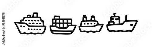 Cruise Ship, Container Ship, Ferry, and Cargo Ship Icons. Marine Transportation Set.