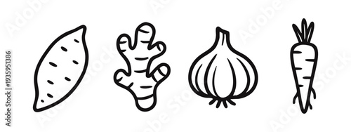 Sweet Potato, Ginger, Garlic, and Carrot Icons. Healthy Root Vegetables and Spices Set.