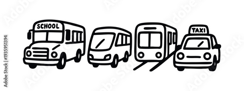 School Bus, Minivan, Train, and Taxi Icons. Diverse Transportation Doodles.