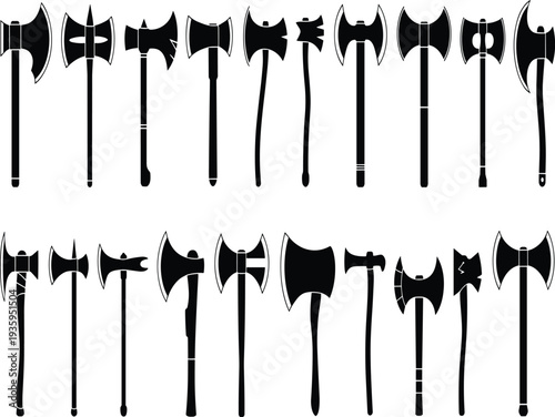 Collection of Black Silhouettes of Various Axes and Hatchets on a White Background tool weapon