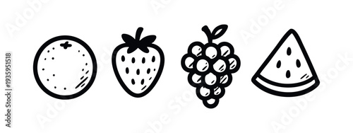 Hand-drawn juicy fruit icons set: orange, strawberry, grapes, and watermelon slice illustrations