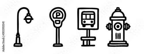 Urban Street Elements Doodle Icons Set