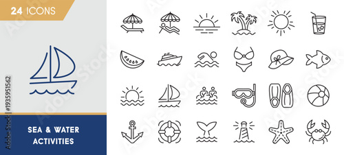 Sea & Water Activities Icons Set – Beach, Cruise, Snorkeling & Summer Outline Icons