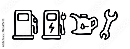 Hand-drawn car service icons: fuel pump, EV charger, oil can, and wrench representing automotive maintenance.