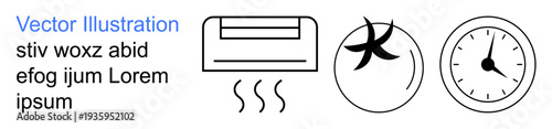 Cooling systems, air circulation, time planning, seasonal weather, energy efficiency, home appliances. Minimalist icons of air conditioner, fan and clock. Cooling systems and air circulation