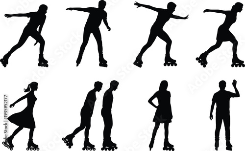 Eight black silhouette illustrations of people rollerblading in various active poses on a white background Keywords: rollerblading, roller skate, person, people, silhouette, illustration, set