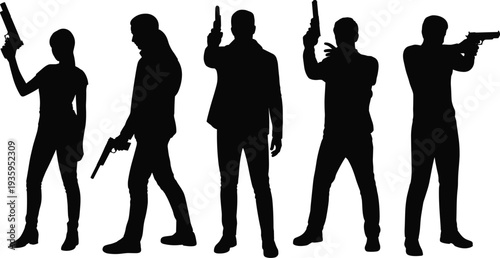 Five Silhouettes of People Holding Pistols in Various Poses on a White Background person woman