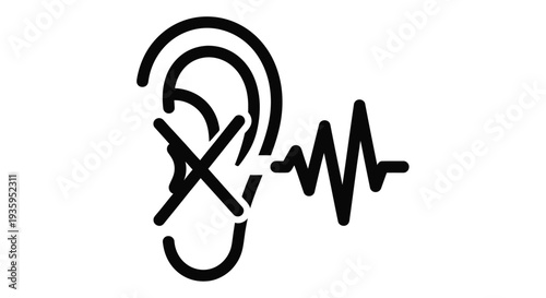 Simple black and white illustration of an ear with a sound wave graphic