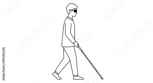 Simple line drawing of a person walking with a white cane representing visual impairment