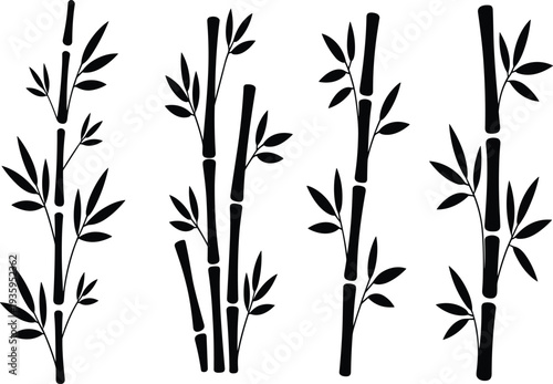 Four black silhouette illustrations of bamboo stalks with leaves in a vertical arrangement on a white background Keywords: bamboo, stalk, plant, silhouette, illustration, set, collection