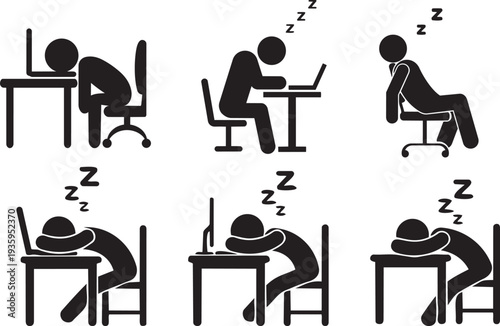 Exhaustion in Office: A visual representation of workplace fatigue and exhaustion, depicted through stylized figures slumped over desks and laptops. 
