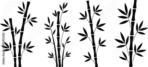 Four black silhouette illustrations of bamboo stalks with leaves on a white background plant nature