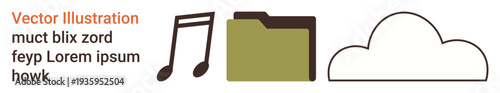 Digital storage, file management, music streaming, cloud technology, data security, content sharing. Features music note, folder and cloud symbols. Digital storage and file management concept