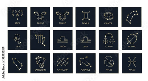 Collection of Zodiac Constellation Symbols and Names.