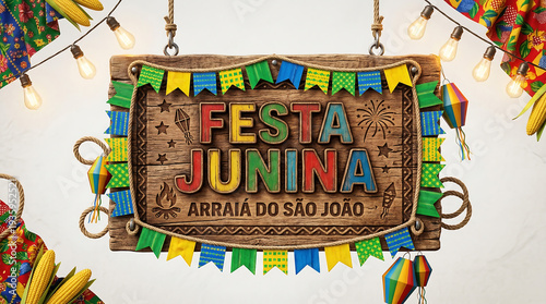Vibrant Festa Junina celebration sign with colorful decorations and lights
