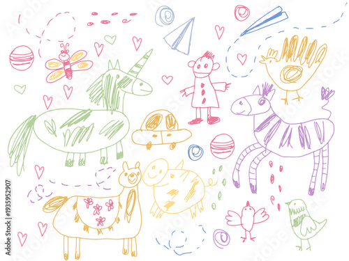 Kids doodle drawings set. Hand-drawn pencil sketches, scribbles. Hand drawn vector illustration.