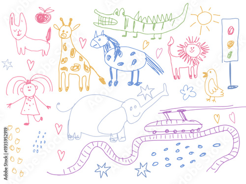 Kids doodle drawings set. Hand-drawn pencil sketches, scribbles. Hand drawn vector illustration.