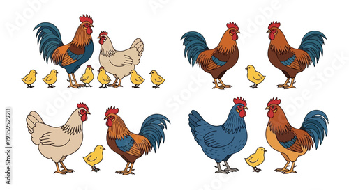 A collection of colorful rooster and hen illustrations with chicks