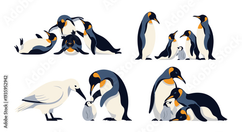 Illustrative penguin family and bird scene with playful interactions