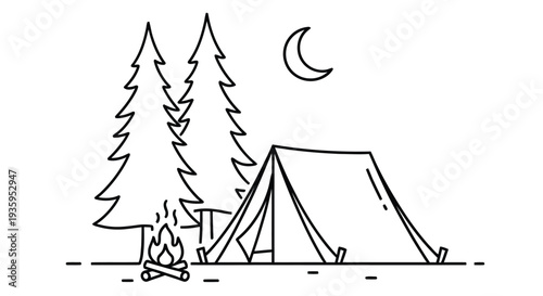 Simple line drawing of a camping scene with trees tent fire and crescent moon