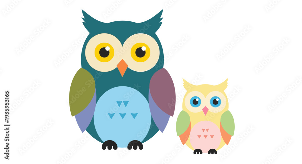 Fototapeta premium Colorful illustration of a large owl with a smaller owlet nearby