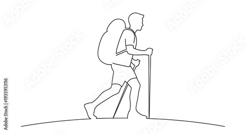 Line drawing of a hiker walking uphill with a backpack and trekking pole