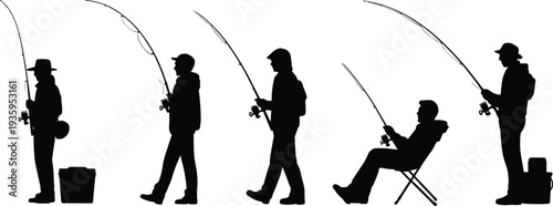 Silhouette collection of fishermen with fishing rods and gear in different poses on a white background Keywords: fisherman, fishing, silhouette, rod, reel, tackle, gear, bait, lure, cast, catch