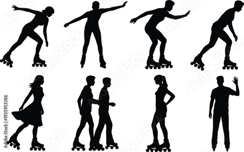 Silhouette collection of people rollerblading and one person in a dress on rollerblades on a white background Keywords: rollerblading, roller skates, silhouette, sport, recreation, activity