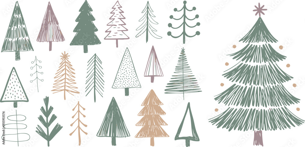 Obraz premium Hand-drawn Christmas tree collection, festive pine forest sketch set, seasonal evergreen doodles in EPS format, rustic holiday graphic elements vector
