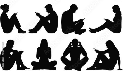 Silhouettes of eight people sitting and using smartphones on a white background vector illustration