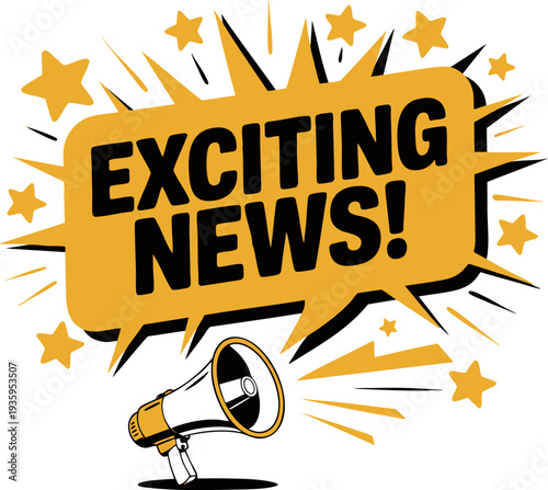 Vibrant announcement illustration with megaphone and exciting news in bold letters Vector