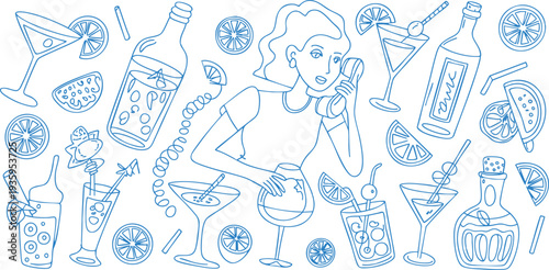 Minimalist line drawing of bartender with cocktail ingredients and drinks Vector