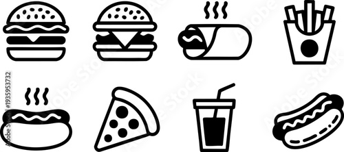 Vector illustration of various fast food icons in minimalist style Vector