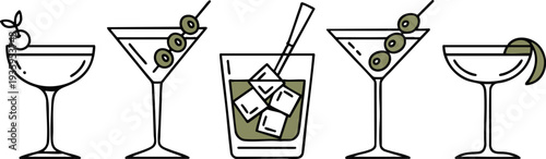 Cocktail illustration set with various martini glasses and garnishes Vector