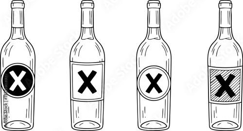 Vector illustration of four prohibited bottles with x marks Vector