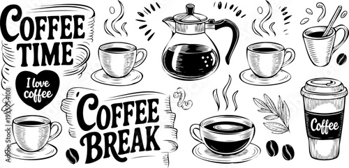 Hand-drawn coffee cup illustrations with coffee time and break phrases Vector